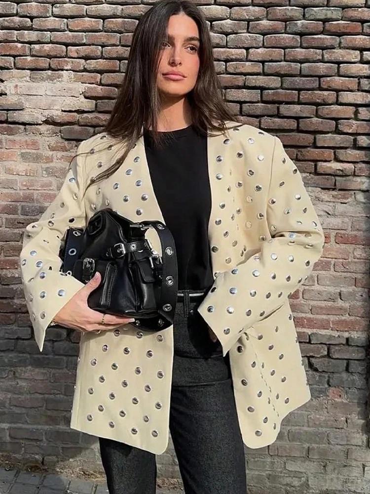 SLTNX Blazer décontracté pour femme avec décoration à rivets, manches longues, col en V, beige, mant