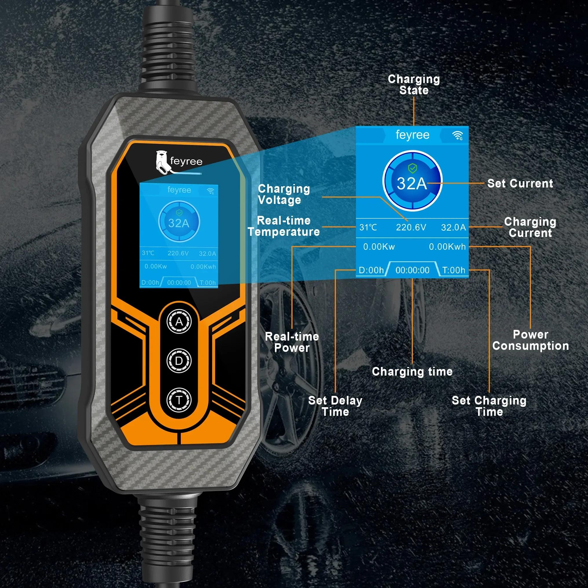 Feyree chargeur EV Portable Type2 32A 7KW EVSE Wi-Fi APP contrôle courant réglable synchronisation i