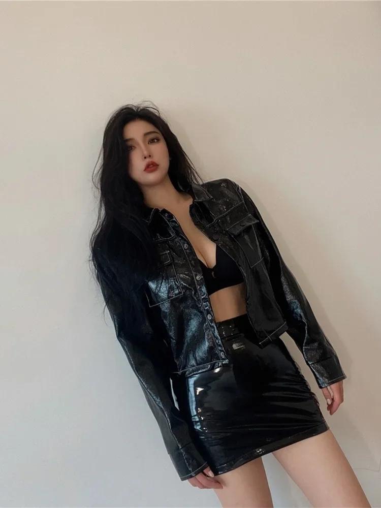 Mini jupe en cuir noir taille haute pour femme, Sexy, serré, PU réfléchissant, Style coréen, doux, a