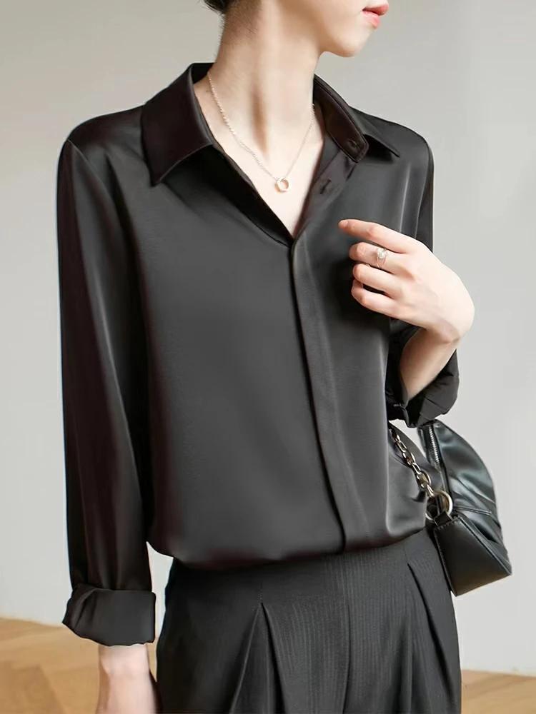 Chemisier en Satin à manches longues pour femmes, mode française, chemises de couleur unie, vêtement