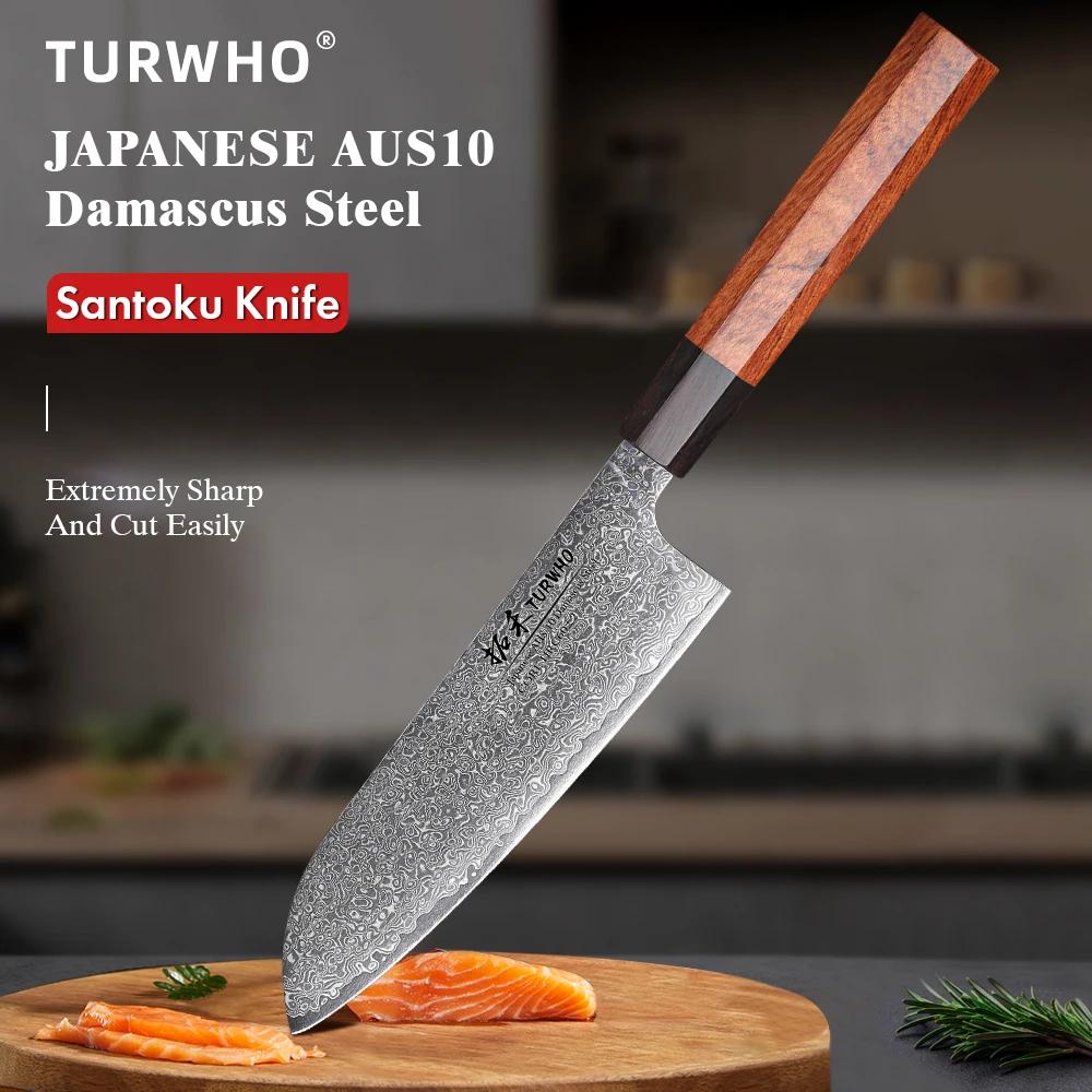 TURWHO – couteau Santoku de 7 pouces, couteaux de Chef de cuisine en acier damas, lame tranchante fa