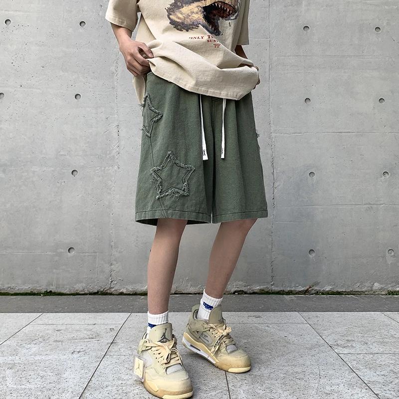 Short en denim patchwork étoile vintage pour hommes, pantalon court chic, all-match, Ulzzang Leisure