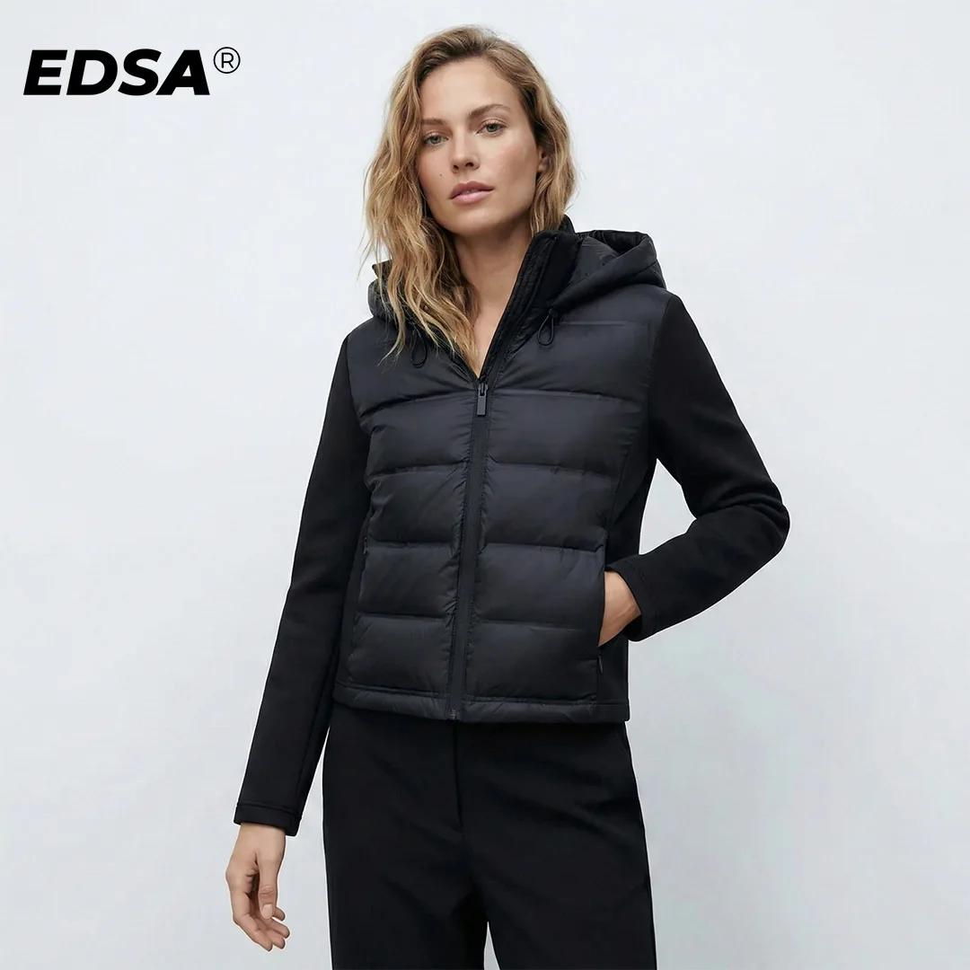 EDSA Veste rembourrée noire pour femme, capuche réglable avec bouchons, col haut, manches longues, p
