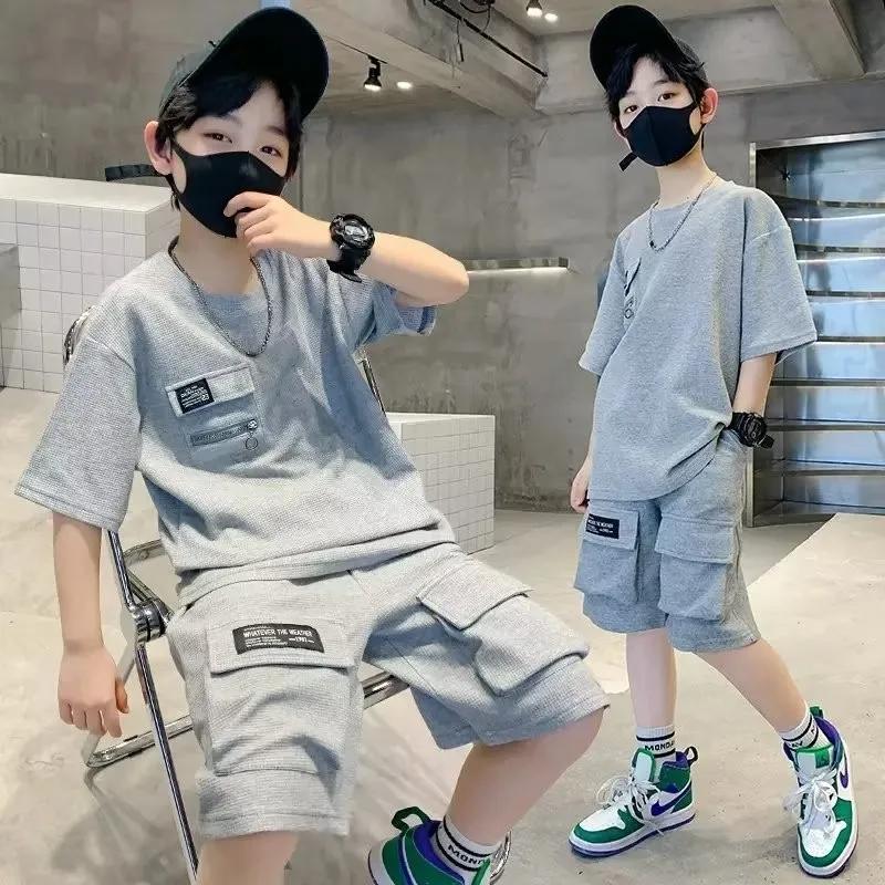 T-Shirt + short 2 pièces ensemble été enfants garçons lettre impression nouveaux enfants adolescent 