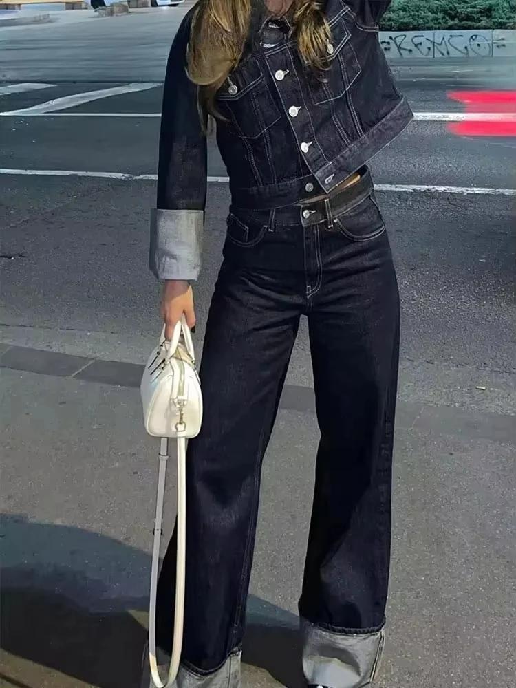 HH femmes mode Denim ensemble décontracté revers à manches longues veste courte boutons femme Vintag
