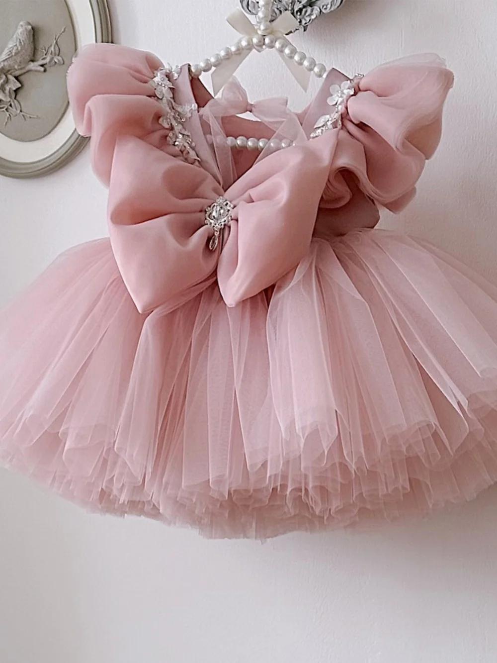 Robe d'anniversaire pour filles, avec des Appliques de perles roses, Mini robe de princesse pour enf