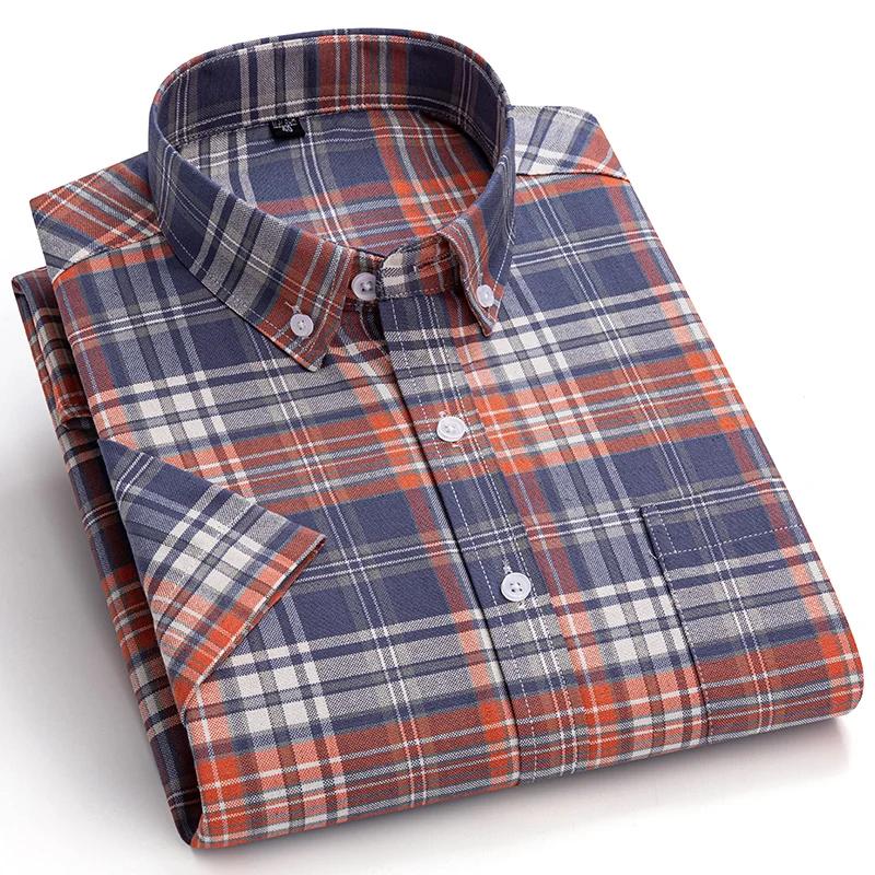 Chemises Oxford à manches courtes pour hommes, 100% pur coton, à carreaux, doux, coupe régulière, ro
