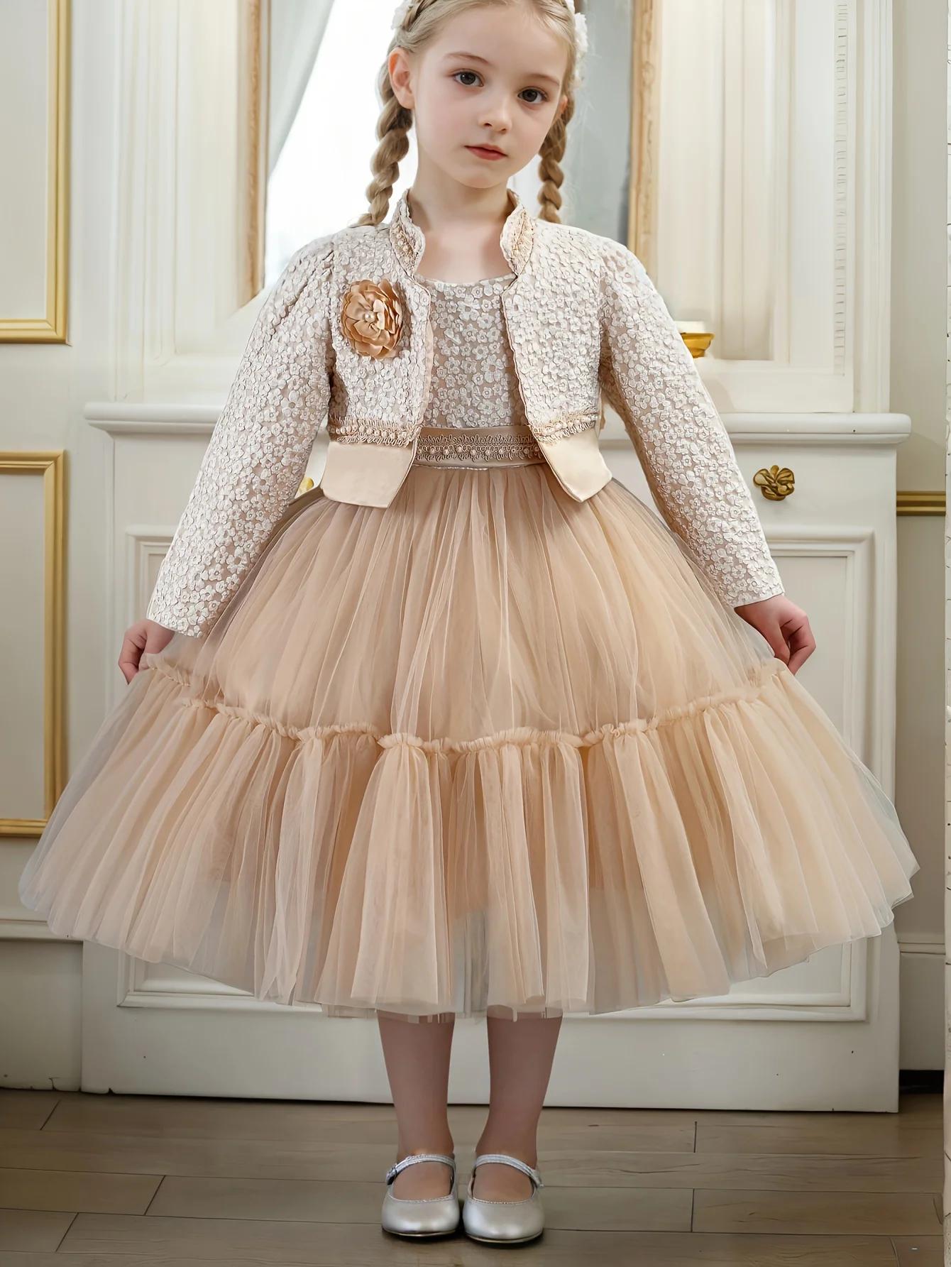 Ensemble de robe en dentelle de Lotus kaki pour filles, vêtements de princesse mignons et manteau, à
