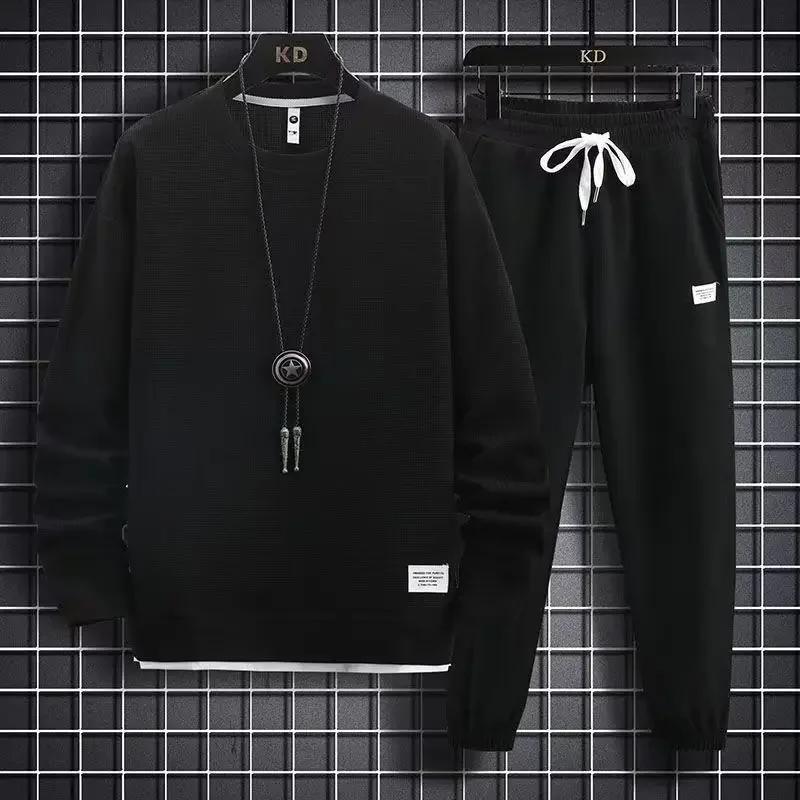 2025 printemps et automne nouveaux hommes gaufre deux pièces sweat-shirt décontracté et pantalon de 