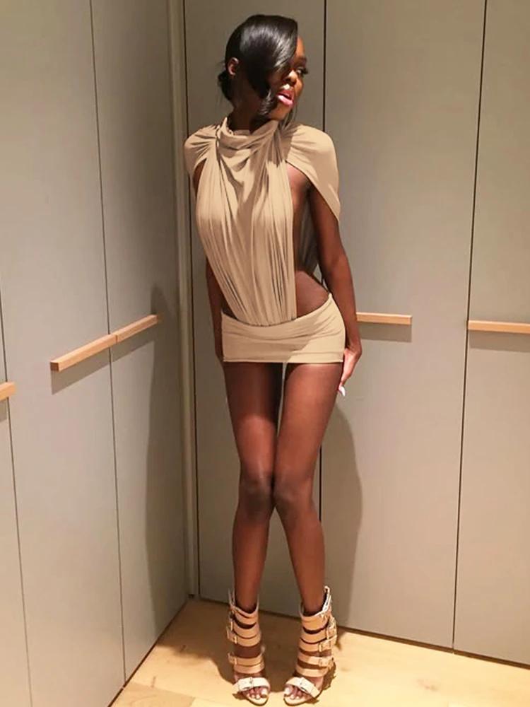 Ensemble 2 pièces sexy Kliou pour femme : Bodys froncés à col roulé et découpes latérales + Mini-jup
