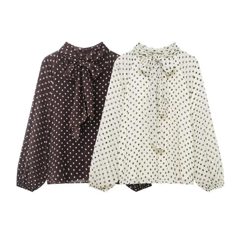 Chemisier élégant à pois pour femme, chemise en mousseline à col superposé et manches lanternes avec