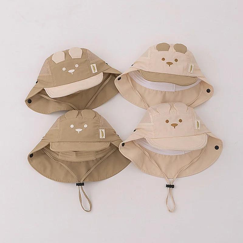 Chapeau d'été pour bébé, broderie d'oreille d'ours de dessin animé, chapeaux de pêcheur à séchage ra