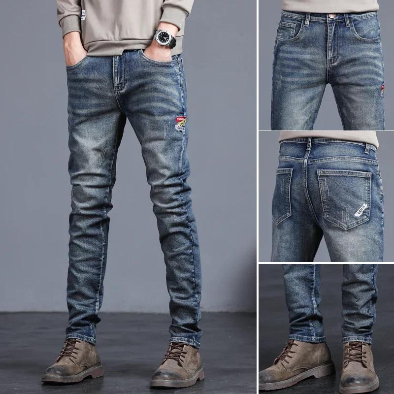 Jeans vintage brodés pour hommes, pantalons en denim Slim, petits pieds, mode coréenne, fjcommisted,