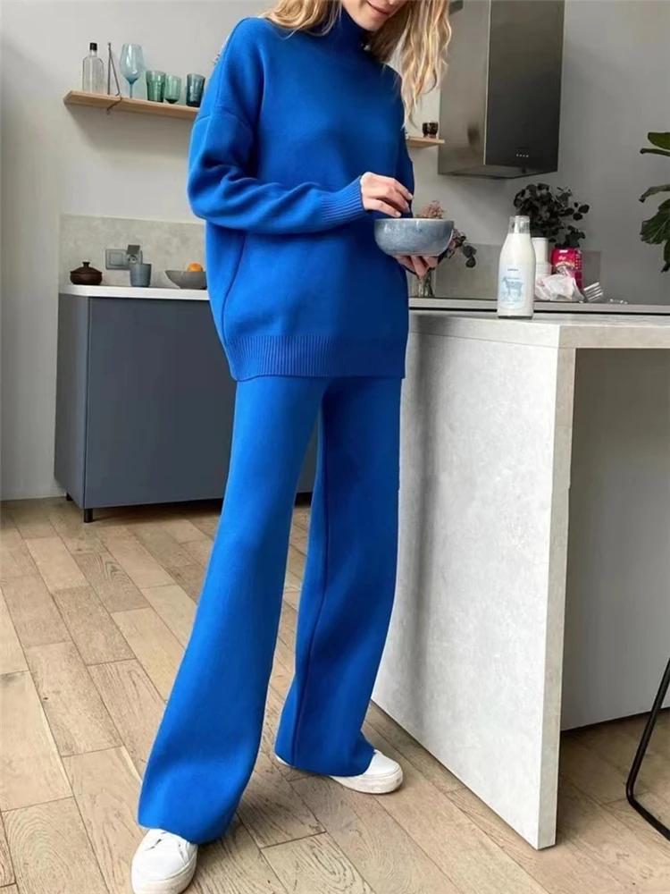 Ensemble 2 pièces pour femme, survêtement tricoté, pull à col roulé et pantalon de Jogging droit, au