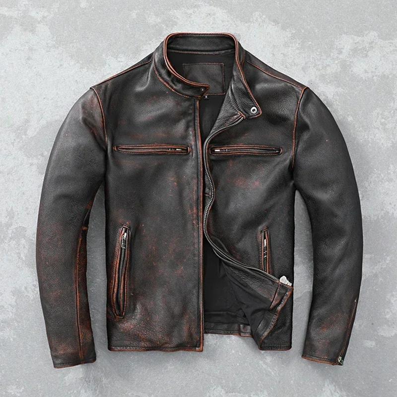 Blouson en cuir homme, court et slim, vintage, rouge, marron, automne