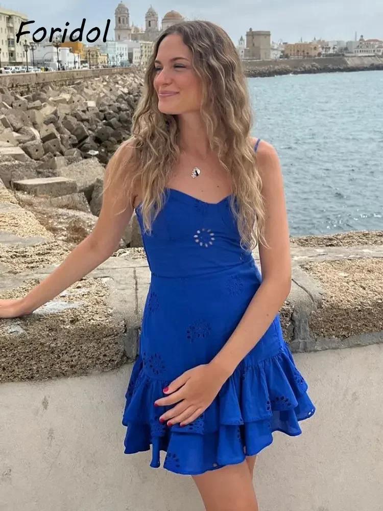 Foridol-Mini robe d'été en coton et dentelle pour femme, tenue de plage sexy, couleur unie, fermetur