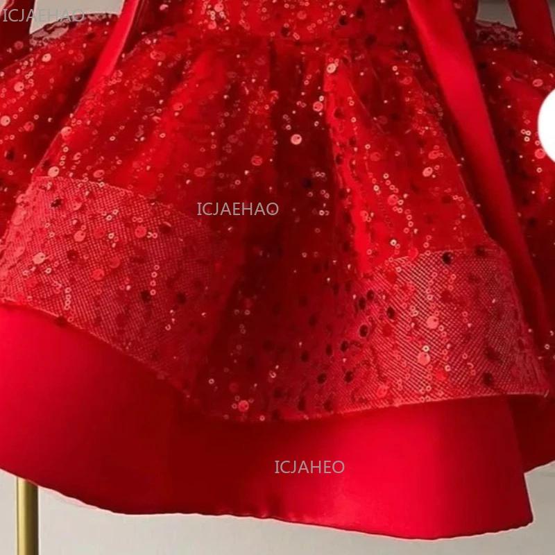 Nouvelle Robe de Soirée Princesse Rouge 2026 pour Filles, en Tulle Bouffant à Paillettes, Robe d'Ann