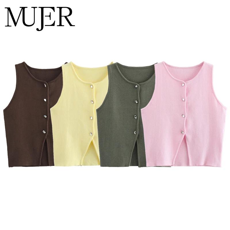 MUJER rose tricot sans manches gilet femmes recadrée pull gilet haut femmes jaune bouton gilets femm