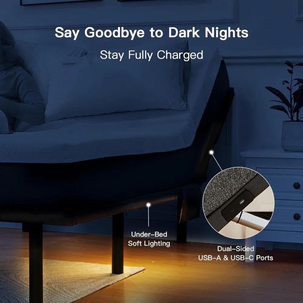 Cadre de lit Queen réglable avec massage, sommier électrique avec inclinaison tête et pied, ports US