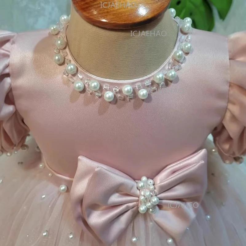Robe de cérémonie pour enfant 2026 rose à manches bouffantes, ornée de perles et d'un nœud, pour dem