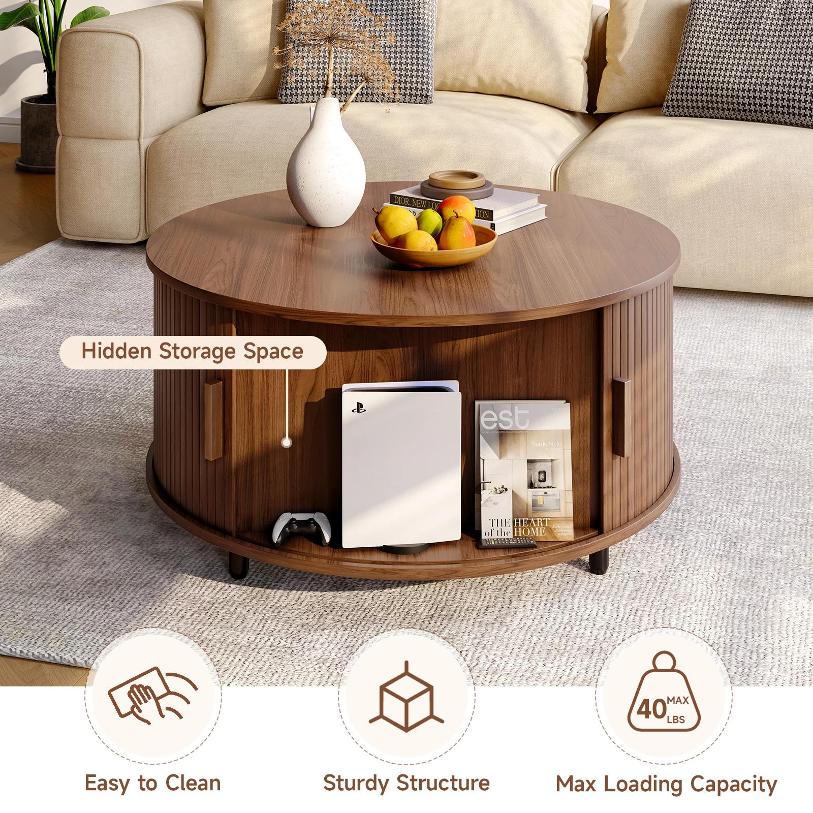 Table basse ronde avec rangement, table basse moderne de 31,5 po avec 360 °   Porte coulissante incu