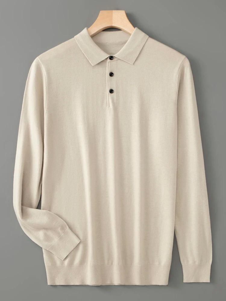 Printemps automne hommes chemise mérinos peigné laine tricoté pull à manches longues col Polo vêteme
