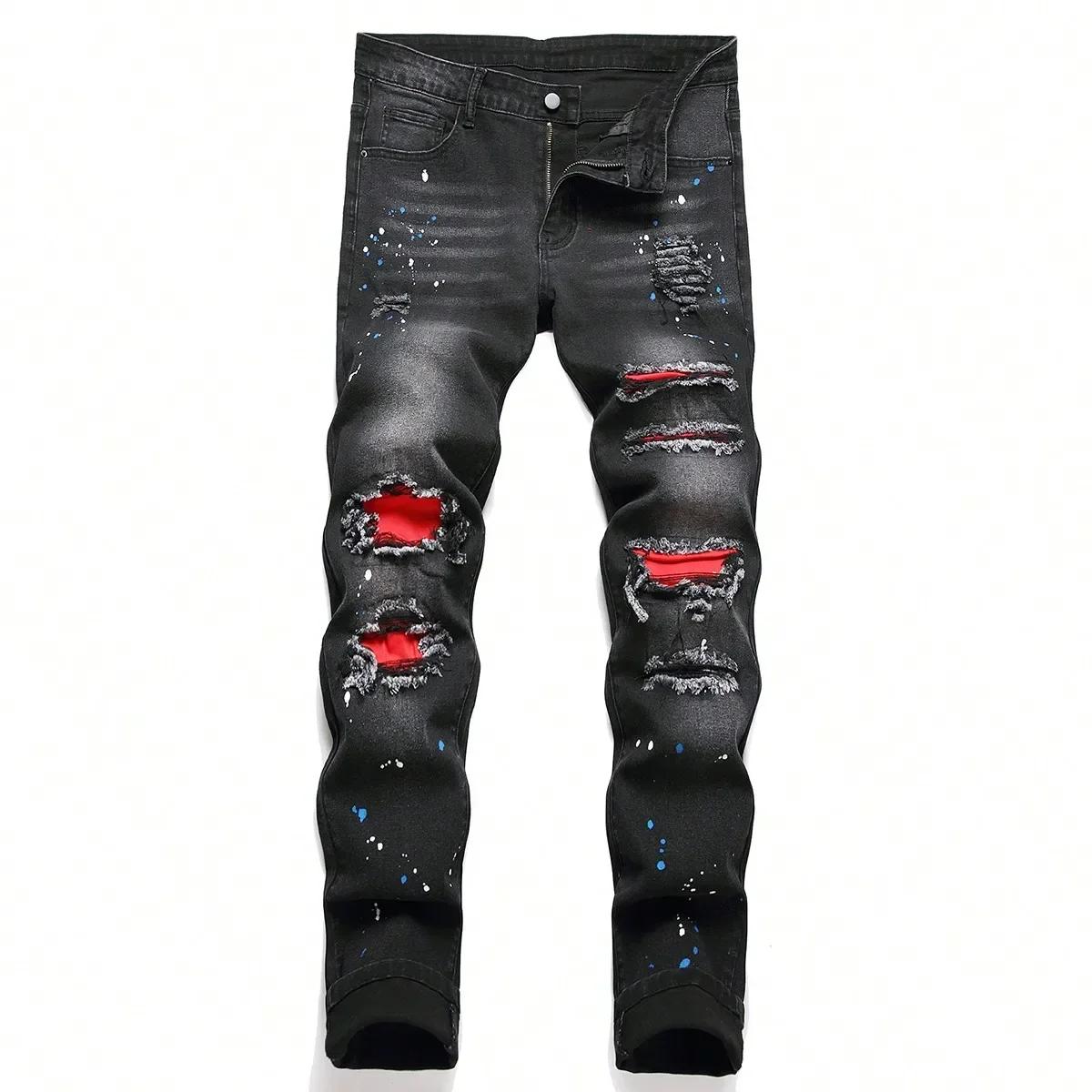 Jean en Denim extensible et Slim pour hommes, pantalon décontracté déchiré, trou Patchwork, coupe ci
