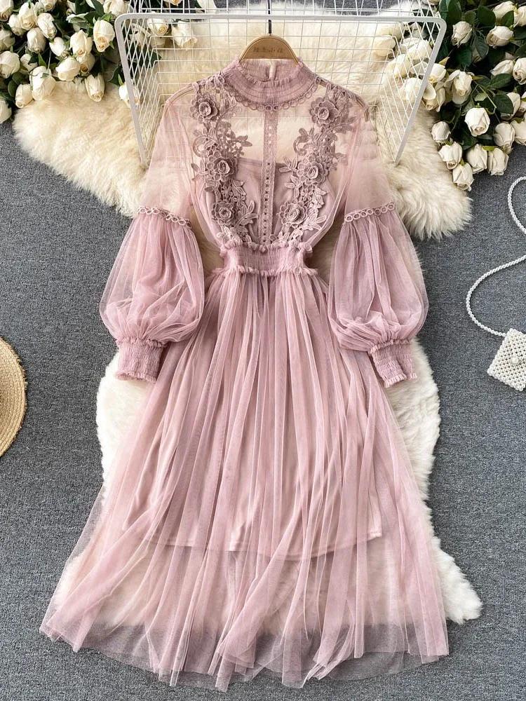 Robe tridimensionnelle pour femmes, crochet à fleurs, maille, tempérament, col montant, manches lant