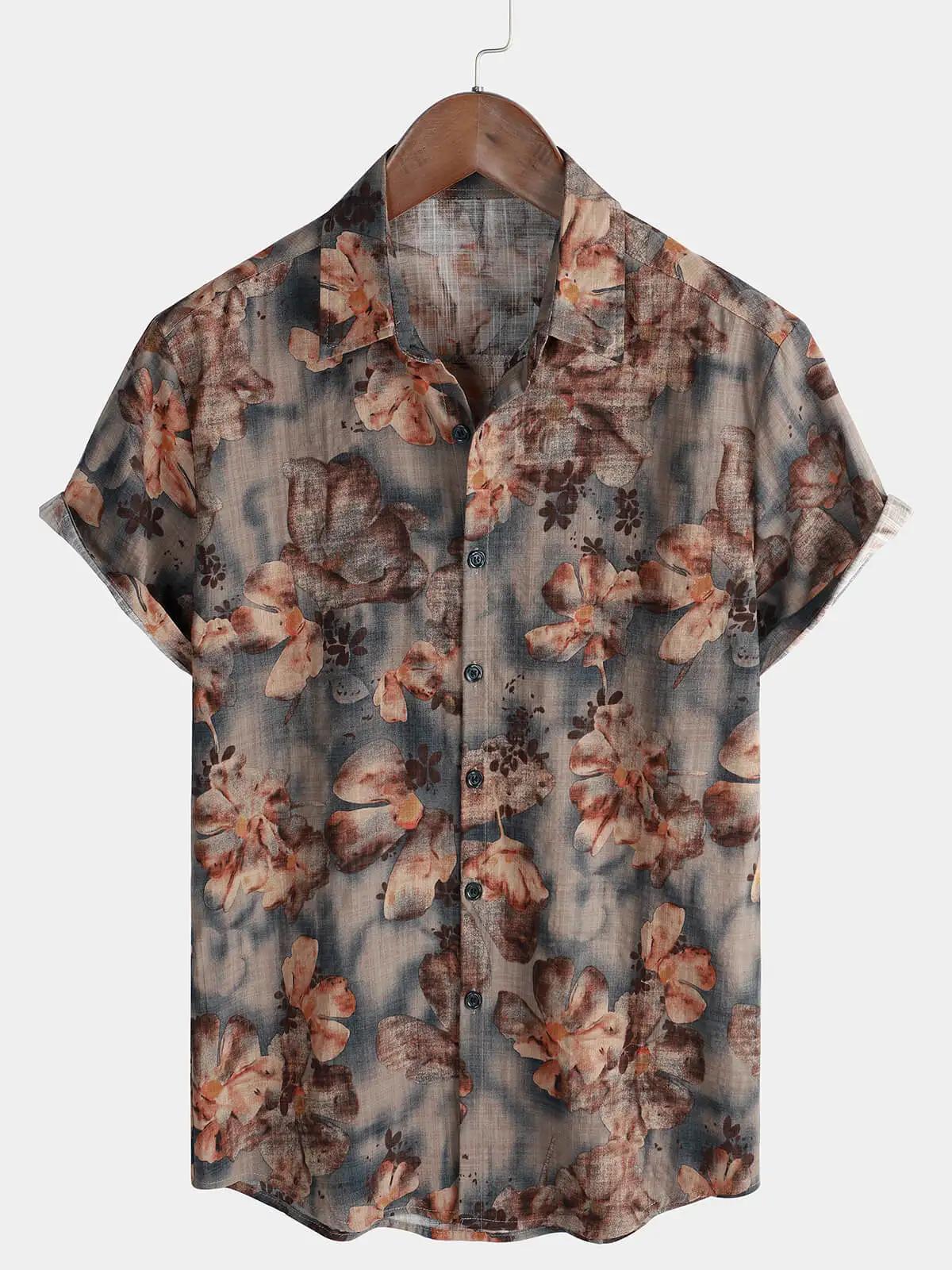 Chemise à manches courtes à imprimé floral rétro pour hommes chemise décontractée à revers simple bo