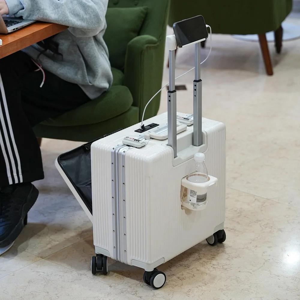 Valise de poche à ouverture avant, cadre en alliage d'aluminium, bagages roulants de 18 pouces, sacs