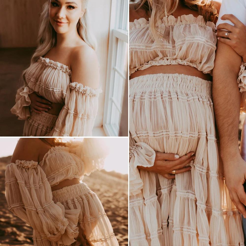 Robe de maternité pour séance Photo plissée en mousseline de soie, Sexy, épaules dénudées, haut fend