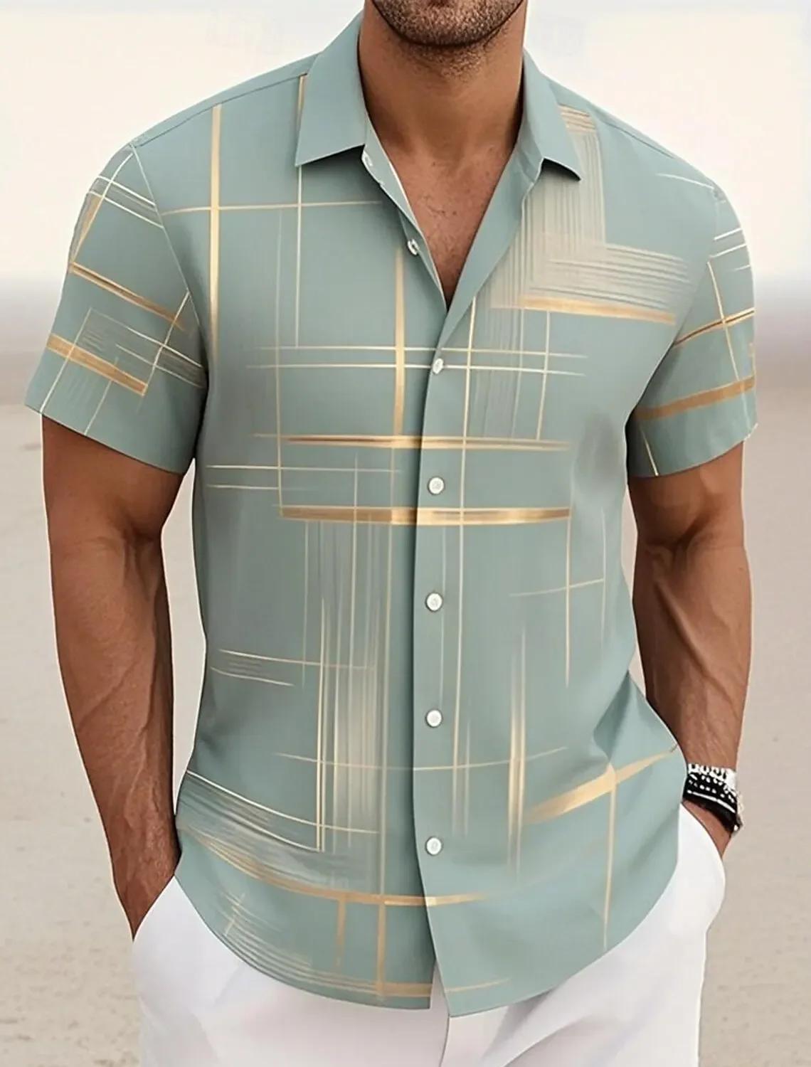 Chemises d'été à carreaux à grille géométrique pour hommes, chemise hawaïenne à manches courtes raba