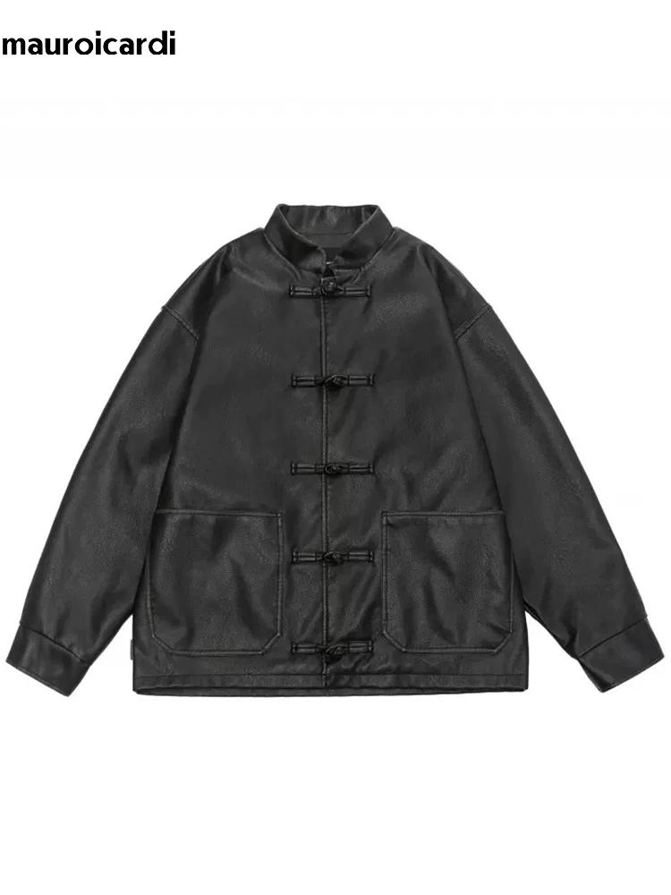 Mauroicardi-Veste en cuir PU vintage pour homme, design de luxe élégant, vêtements de style chinois,