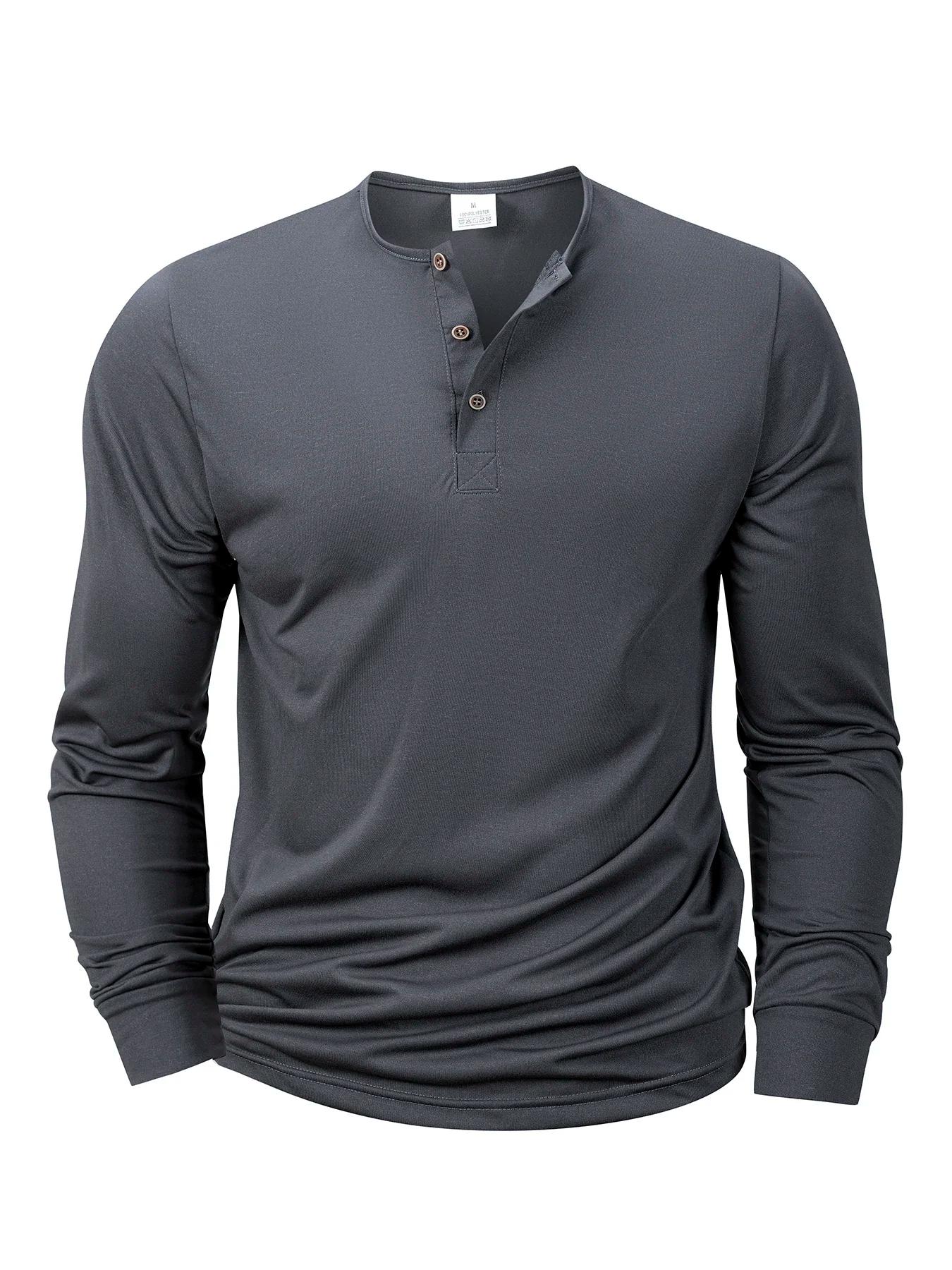 T-shirt à manches longues pour hommes, col Henley, coupe cintrée, chemise à bascule, hauts de Fitnes