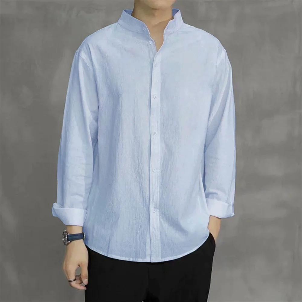 Chemise à manches longues pour hommes, couleur unie, coton et lin, col Henley, simple, respirant, St