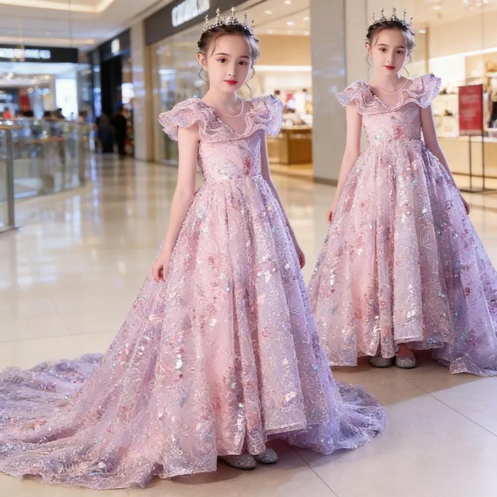 Robe de soirée élégante rose pour filles, style princesse avec traîne, pour petite fille, idéale pou