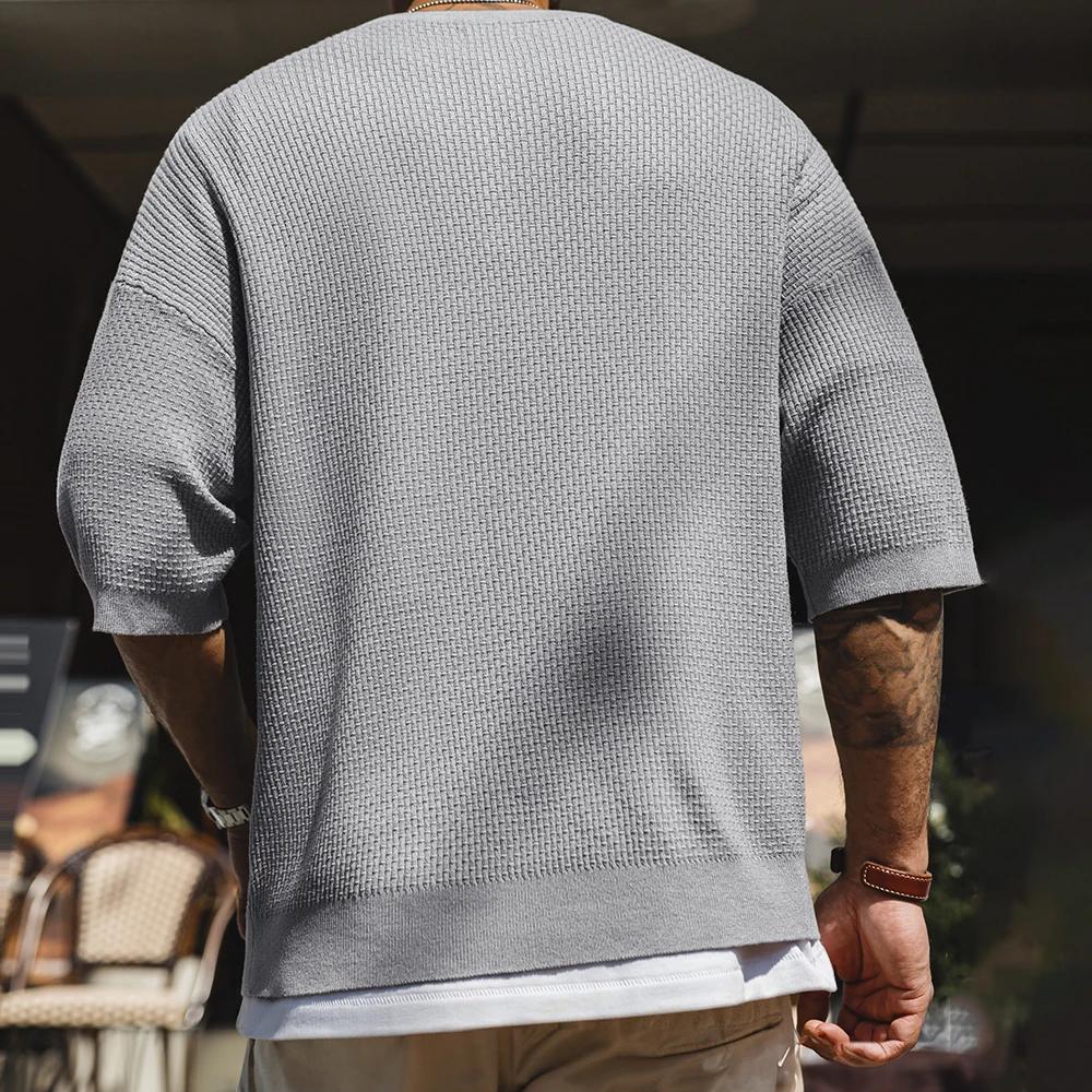 Maden Vintage Boro Style manches courtes Henley chemise hommes été gris coupe ample t-shirt tricot d