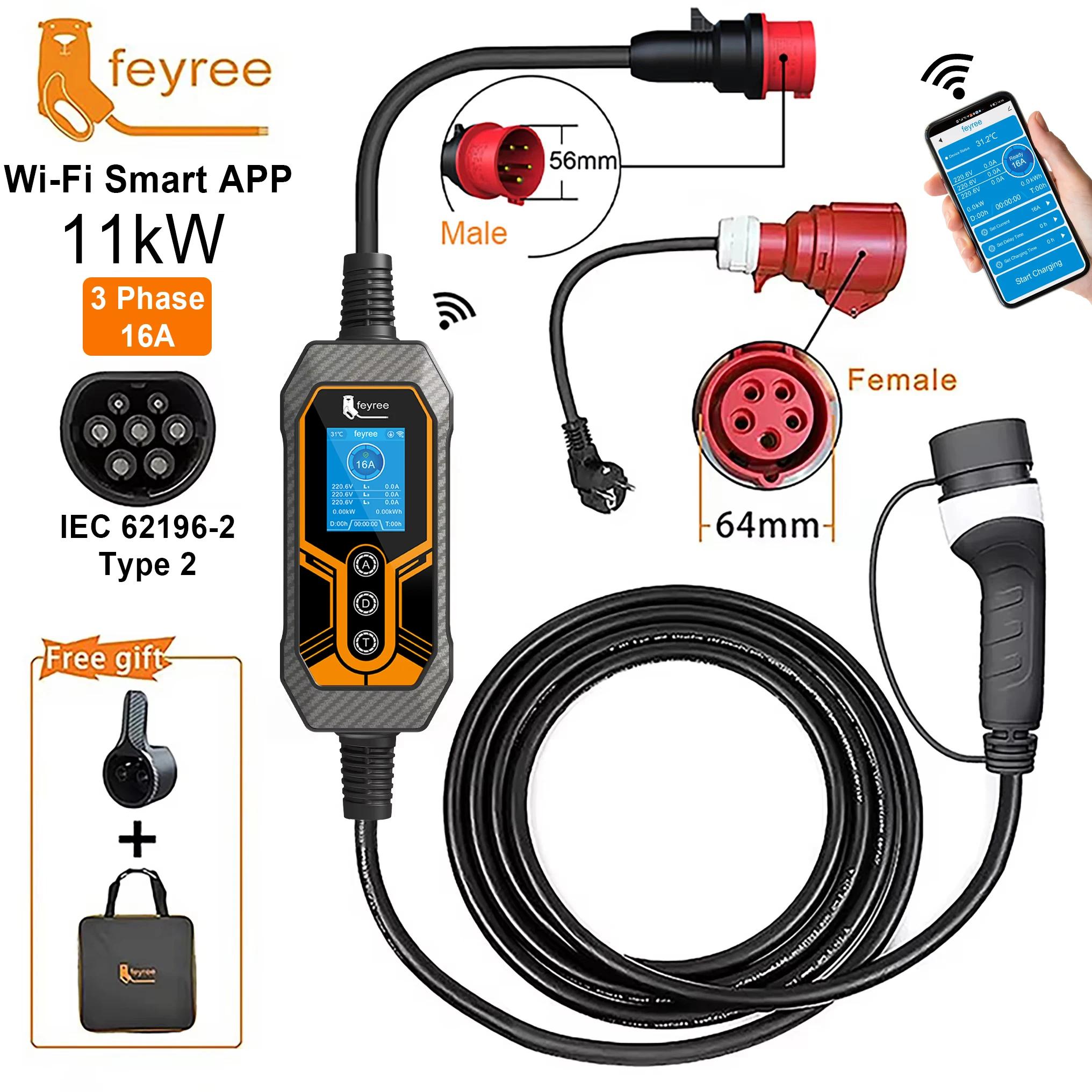 Feyree – chargeur EV Portable Type 2, 11kw, 16a, 3 phases, application Wi-Fi, Version Bluetooth, câb