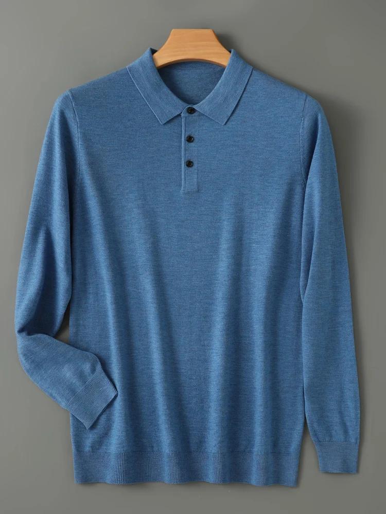 Printemps automne hommes chemise mérinos peigné laine tricoté pull à manches longues col Polo vêteme