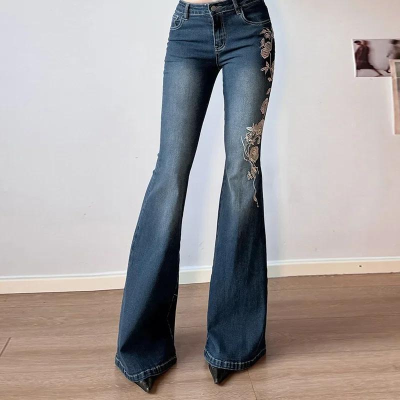 Jean Baggy rétro Y2k pour femmes, broderie florale, Vintage des années 2000, taille basse, pantalon 