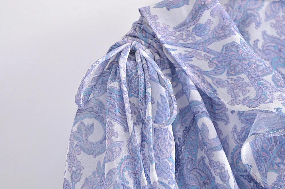 Mini Robe en mousseline de soie à imprimé Floral bleu pour femmes, 2022, oreilles en bois, volants, 