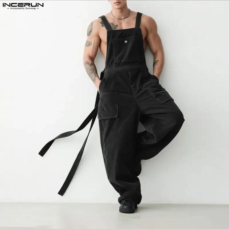 INCERUN Combinaisons pour hommes, couleur unie, style jogger, en velours côtelé, amples, décontracté