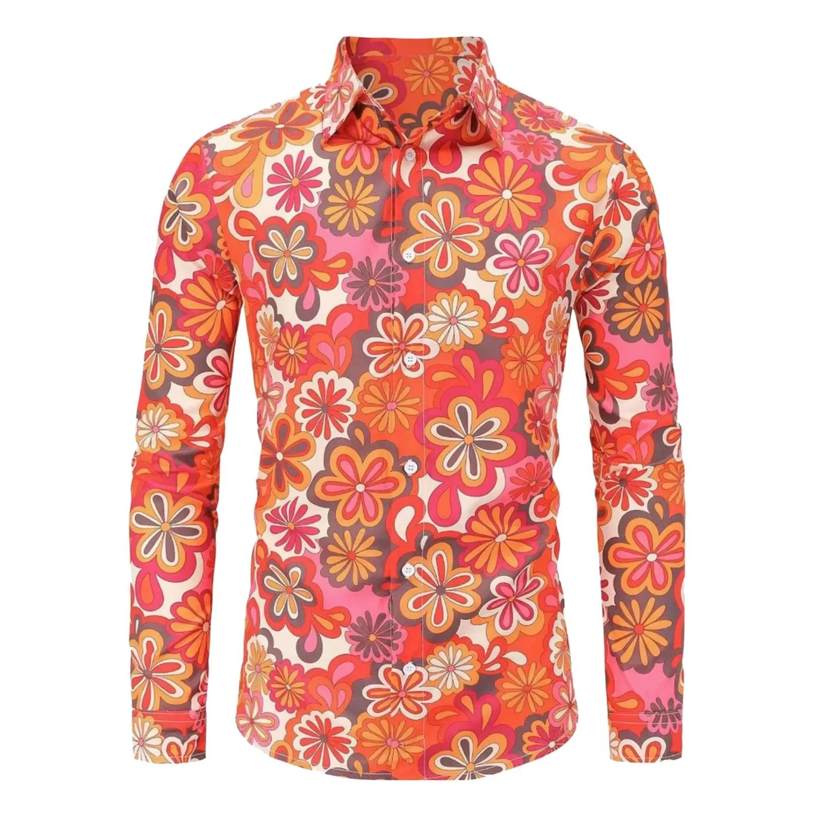 ​ Chemise Hippie d'été des années 70 pour hommes, haut décontracté à manches longues et boutons rétr