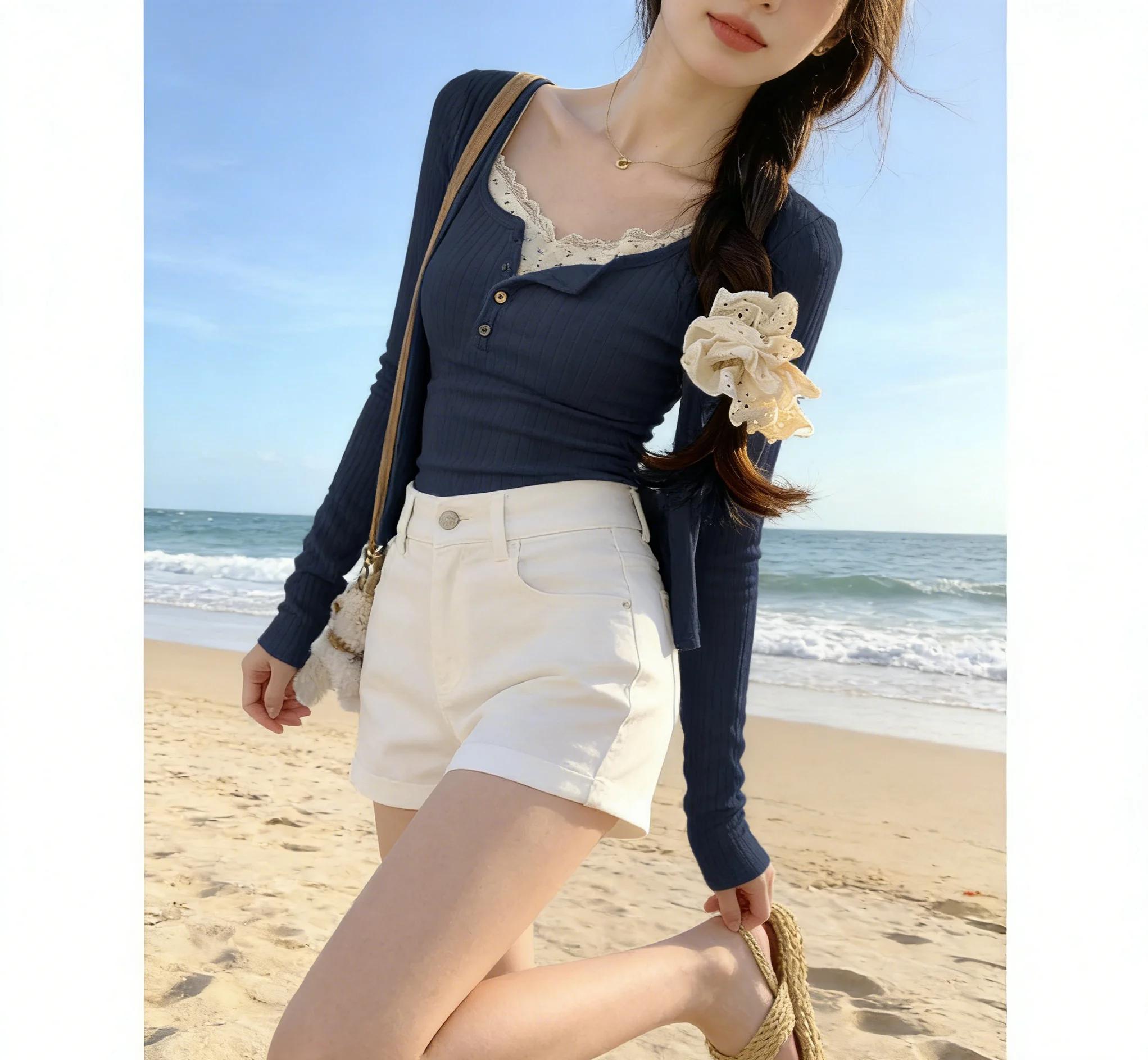 Tendance Mode Femme 2026 : Ensemble Deux Pièces Y2K en Dentelle Jacquard Couleur Unie, T-shirt Manch