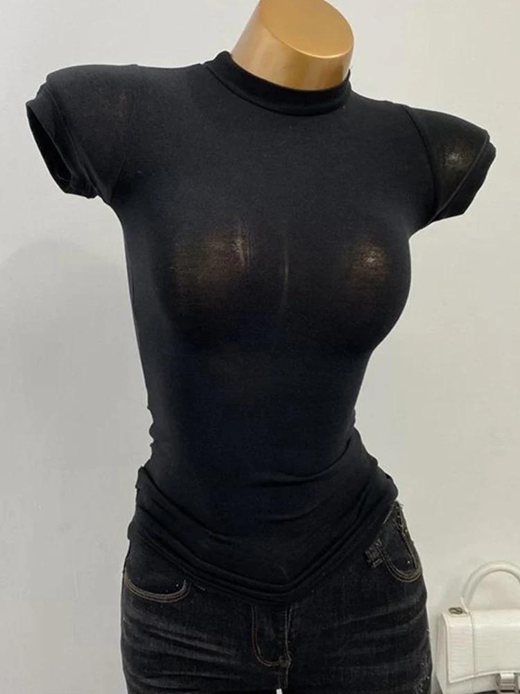 T-shirt col mi-haut coréen Transparent à manches courtes coupe ajustée élastique solide chemise à fo