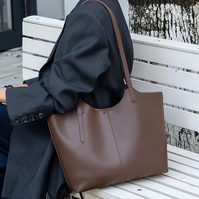 Sac fourre-tout en cuir véritable naturel pour femmes, sac à main en cuir de vache souple de grande 