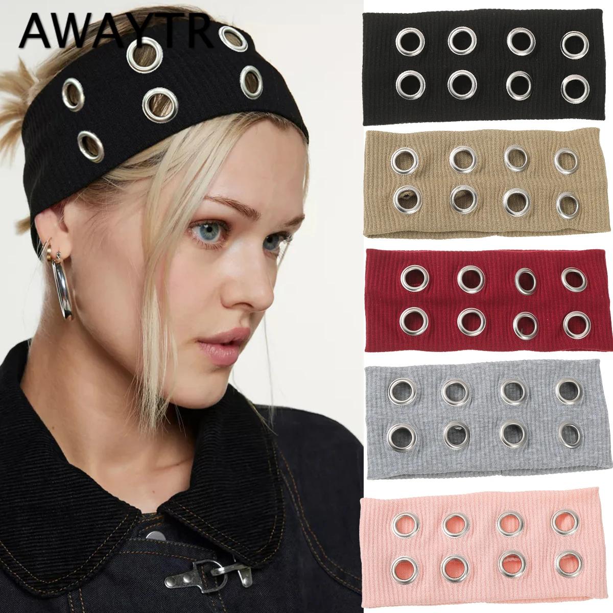 AWAYTR Punk fille tissu creux élastique bandeaux métal Rock personnalisé creux oeillets bandeau de c