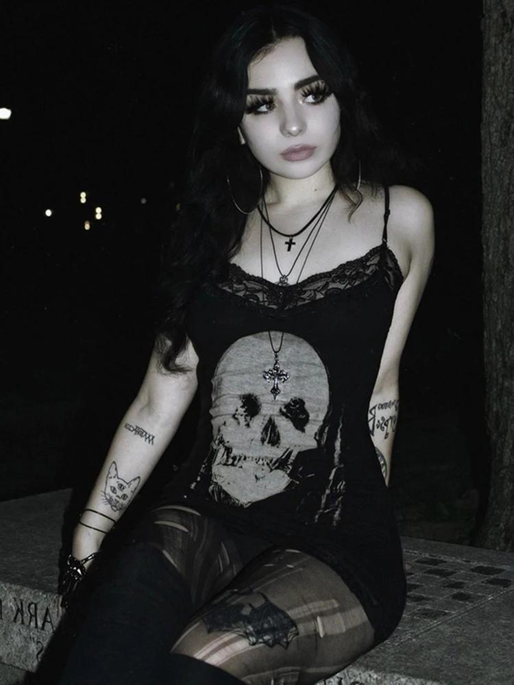 AltGoth Cyber Punk robe gothique femmes Streetwear Harajuku crâne imprimé sans manches taille haute 