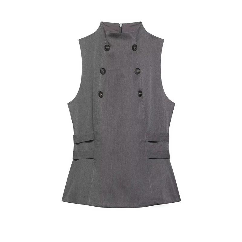 Gilet décontracté pour femme, bicolore, à double boutonnage, col montant, sans manches, cintré à la 
