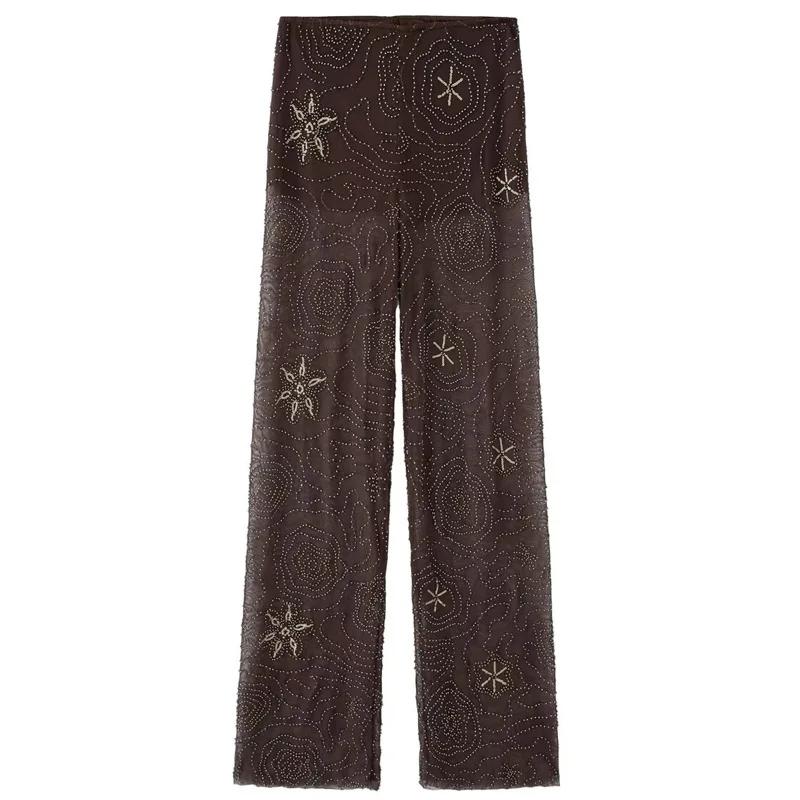 HXAO pantalons pour femmes printemps été 2025 perles marron pantalon paillettes translucides taille 